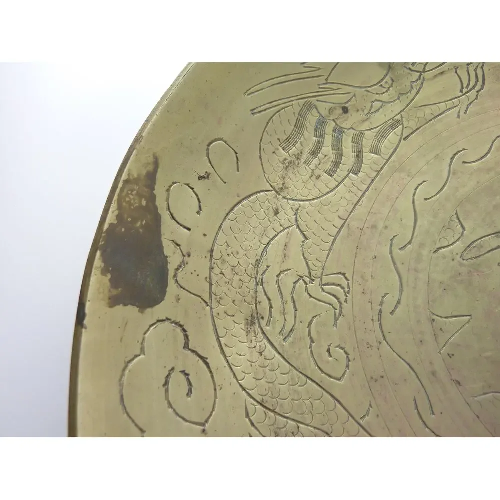 Vintage Chinese Brass Bowl Engraved Double Dragon 12